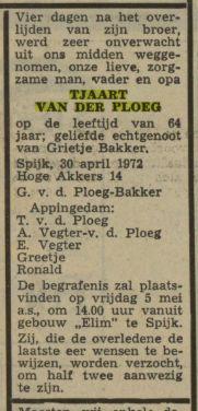 overlijdensadvertentie tjaart van de rploeg on 30 Apr 1972.